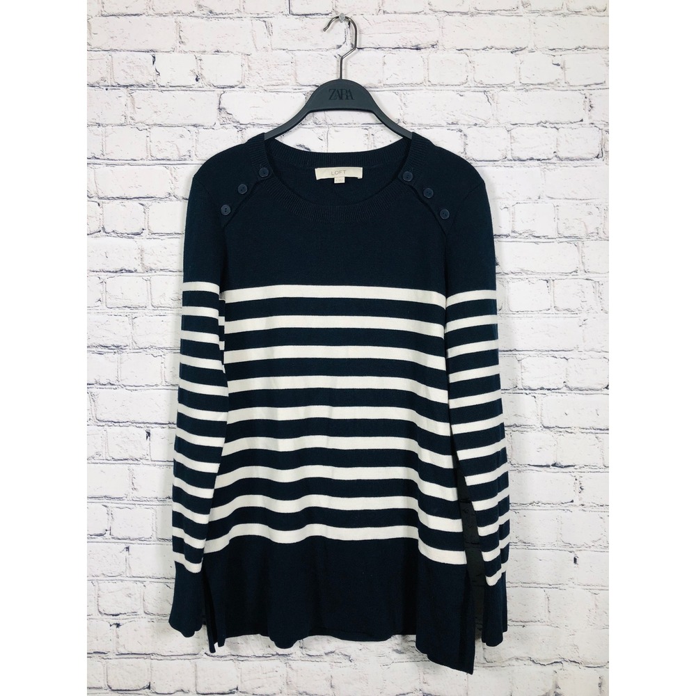 LOFT Sweater Womens Nautical Striped Button Shoulder Navy M Excellent Knit Top